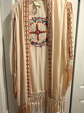 Boho Cream Embroidered Fringe Kimono Cape